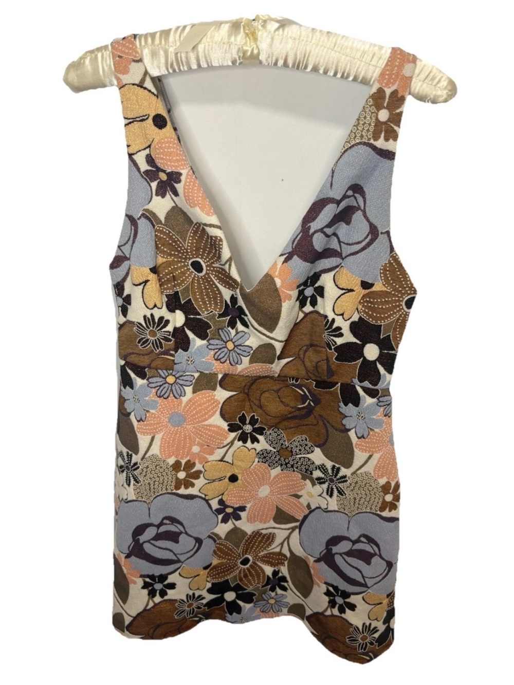 Zara Women's Jacquard Mod 70s Floral Trafaluc Mini Dress Med Blue Gold